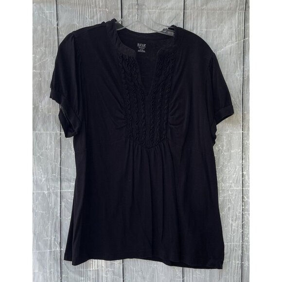 a.n.a. Woman 1X Short Sleeve Black Embellished Collared V-Neck Top - Picture 1 of 6